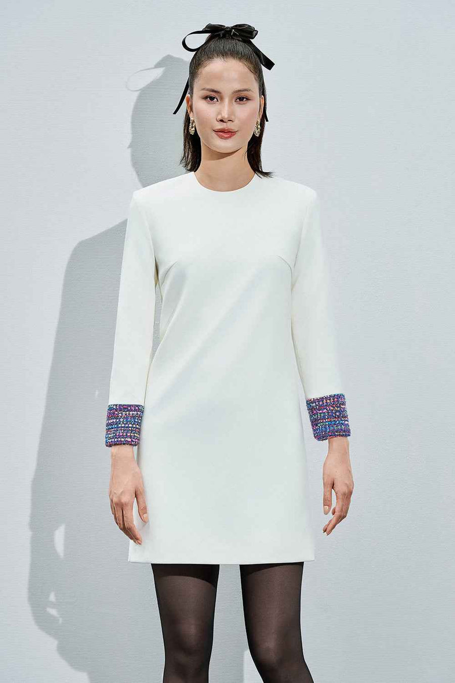 Raina Straight Cuff Sleeved Cotton Tweed Mini Dress