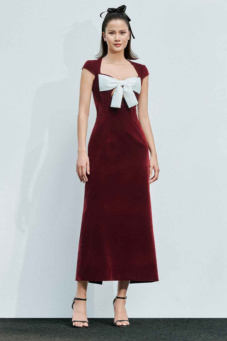 Madelyn A-line Queen Anne Neck Velvet Midi Dress