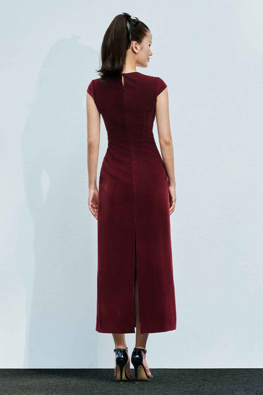Madelyn A-line Queen Anne Neck Velvet Midi Dress