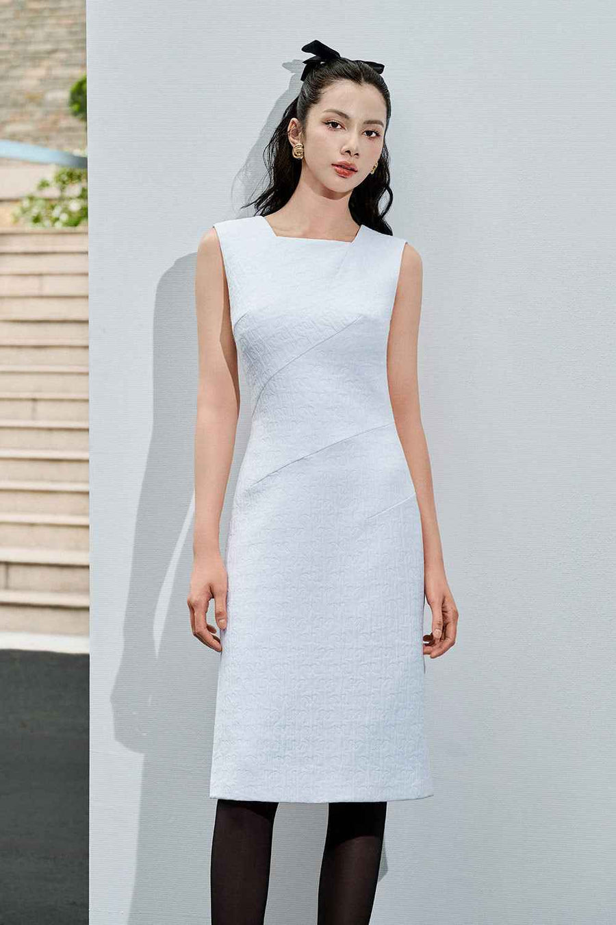 Kaisley Pencil Square Neck Quilted Fabric Knee-length Dress