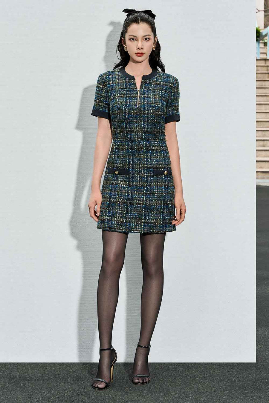 Alisson A-line Slit Neck Tweed Mini Dress