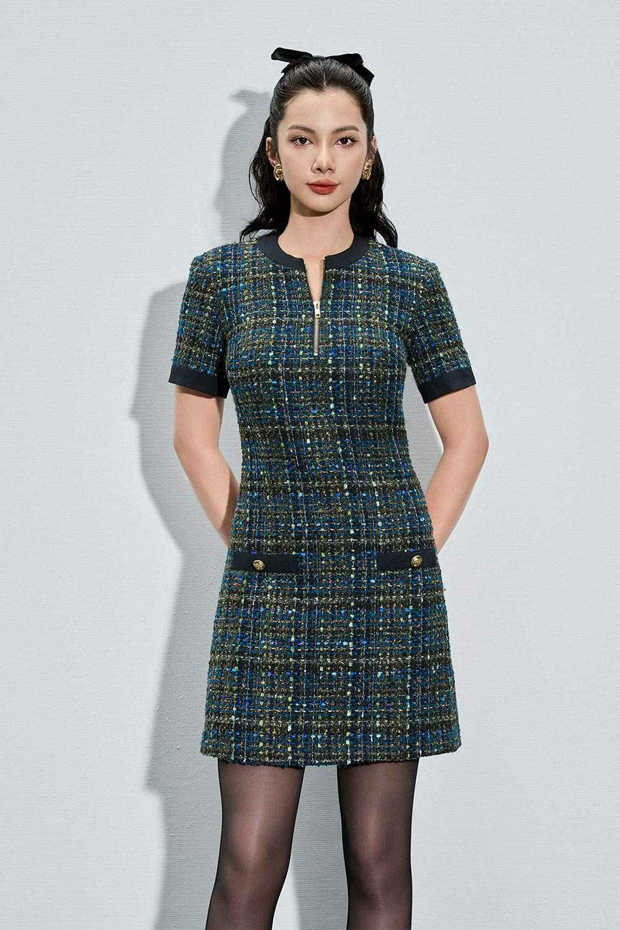 Alisson A-line Slit Neck Tweed Mini Dress