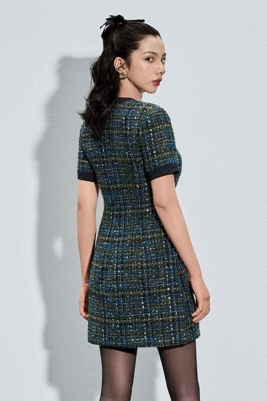 Alisson A-line Slit Neck Tweed Mini Dress