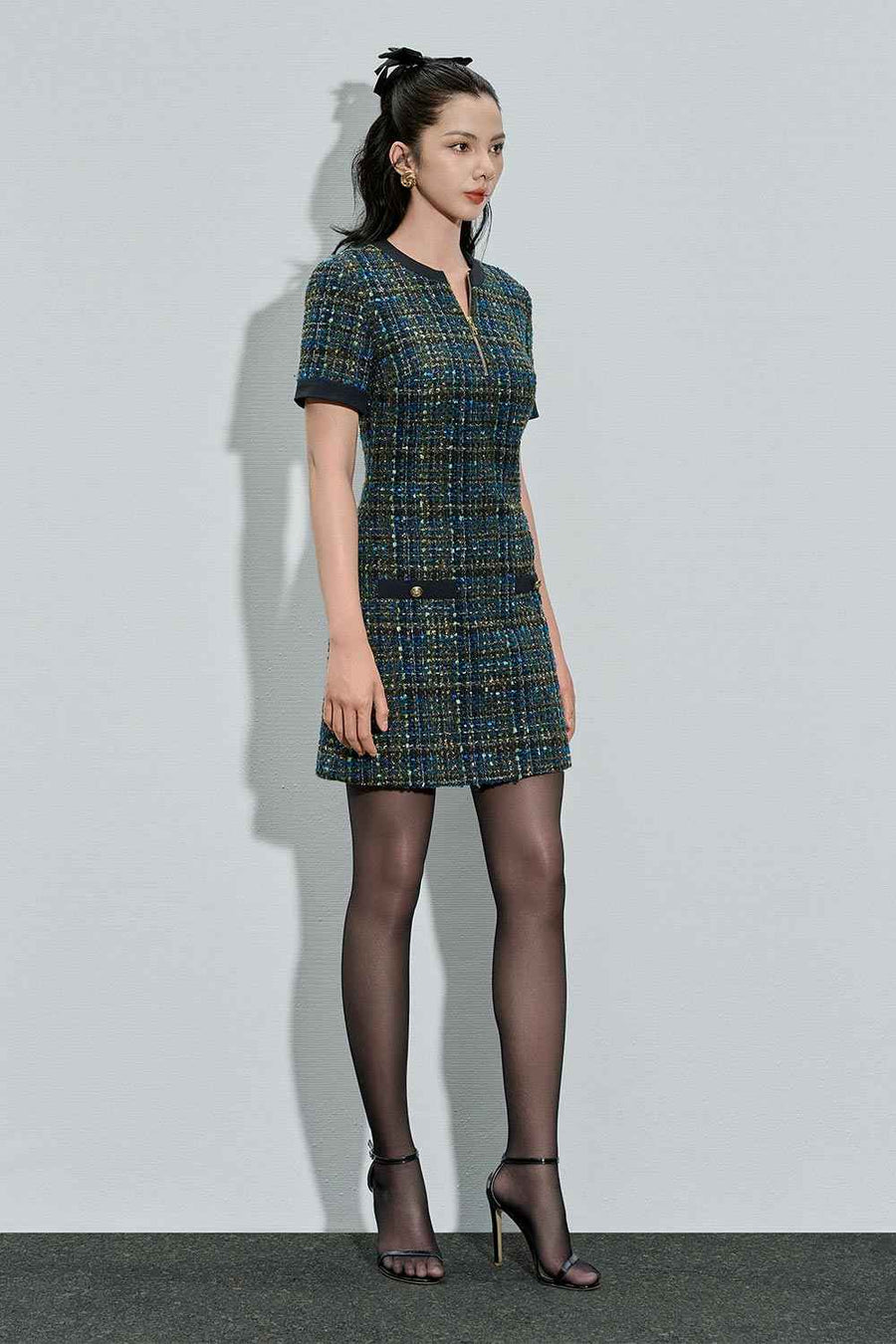 Alisson A-line Slit Neck Tweed Mini Dress