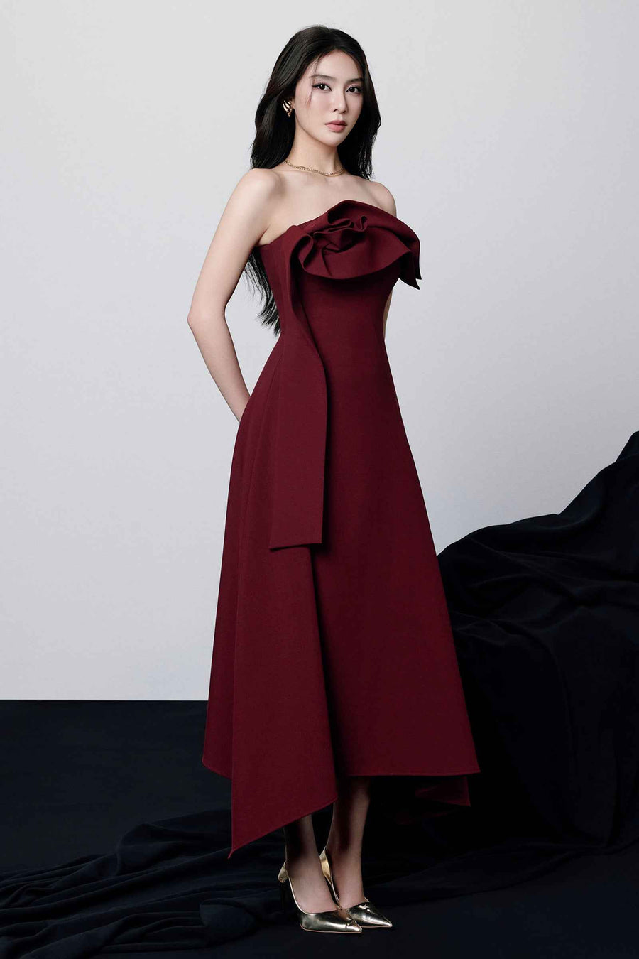 Lenora Straight Across Ruffle Midi Dress