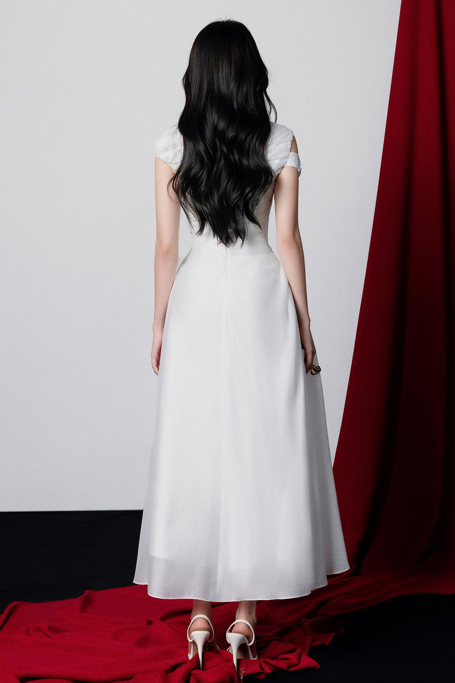 Maia Asymmetric Sleeve Draped Midi Dress 4