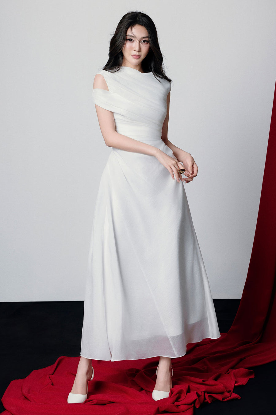 Maia Asymmetric Sleeve Draped Midi Dress 5