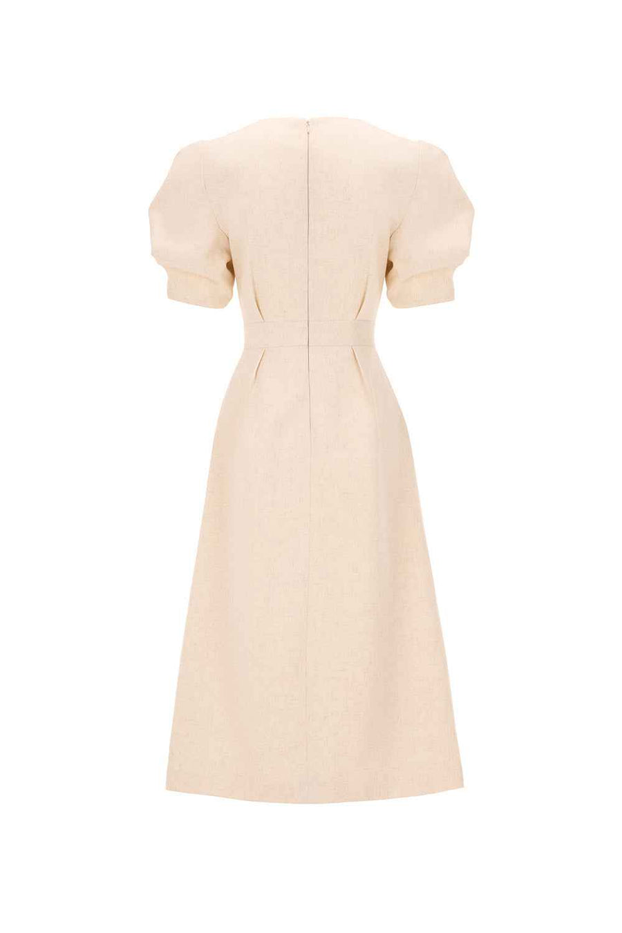 Croisant A-line Puffy Sleeved Linen Cotton Midi Dress