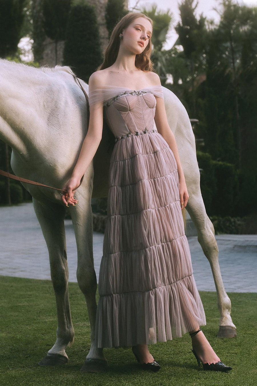 Ginny A-line Off-Shoulder Mesh Ankle Length Dress Maxi Dress LINH PHUNG