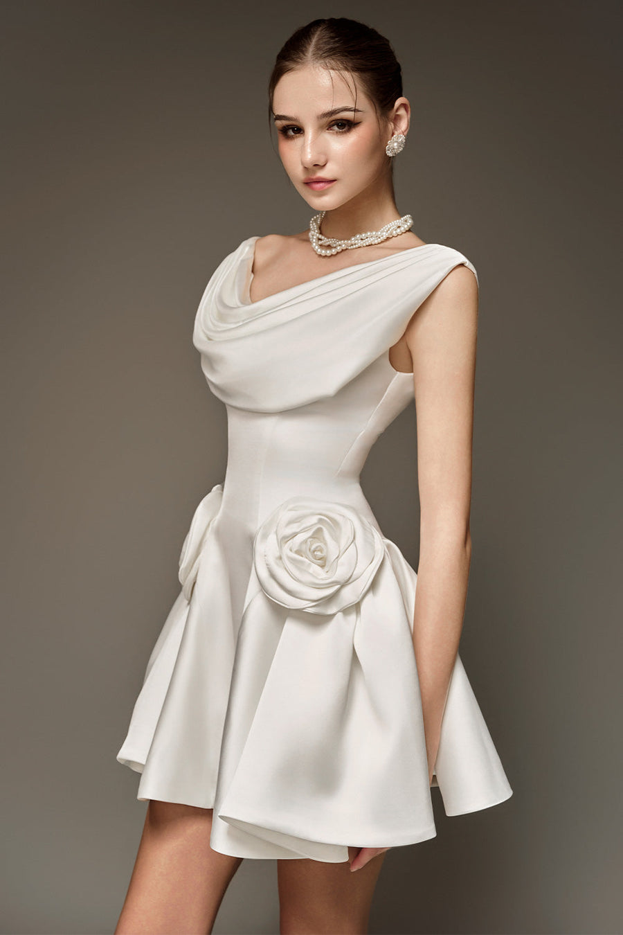 Herslay Flared Cowl Neck Silk Mini Dress White Cream Mini Dress NHAT VY