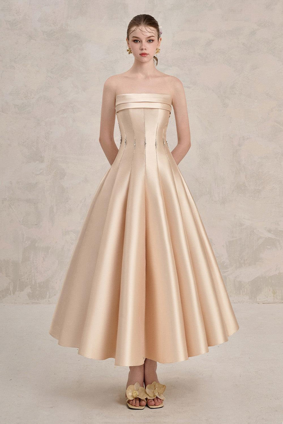 Helia Fit and Flare Straight Across Neck Taffeta Ankle Length Dress Gown Dress LINH PHUNG