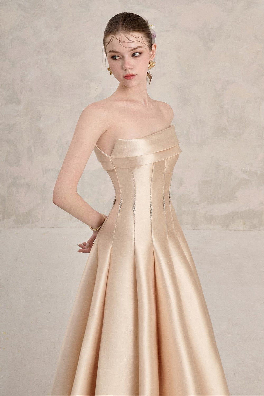 Helia Fit and Flare Straight Across Neck Taffeta Ankle Length Dress Gown Dress LINH PHUNG