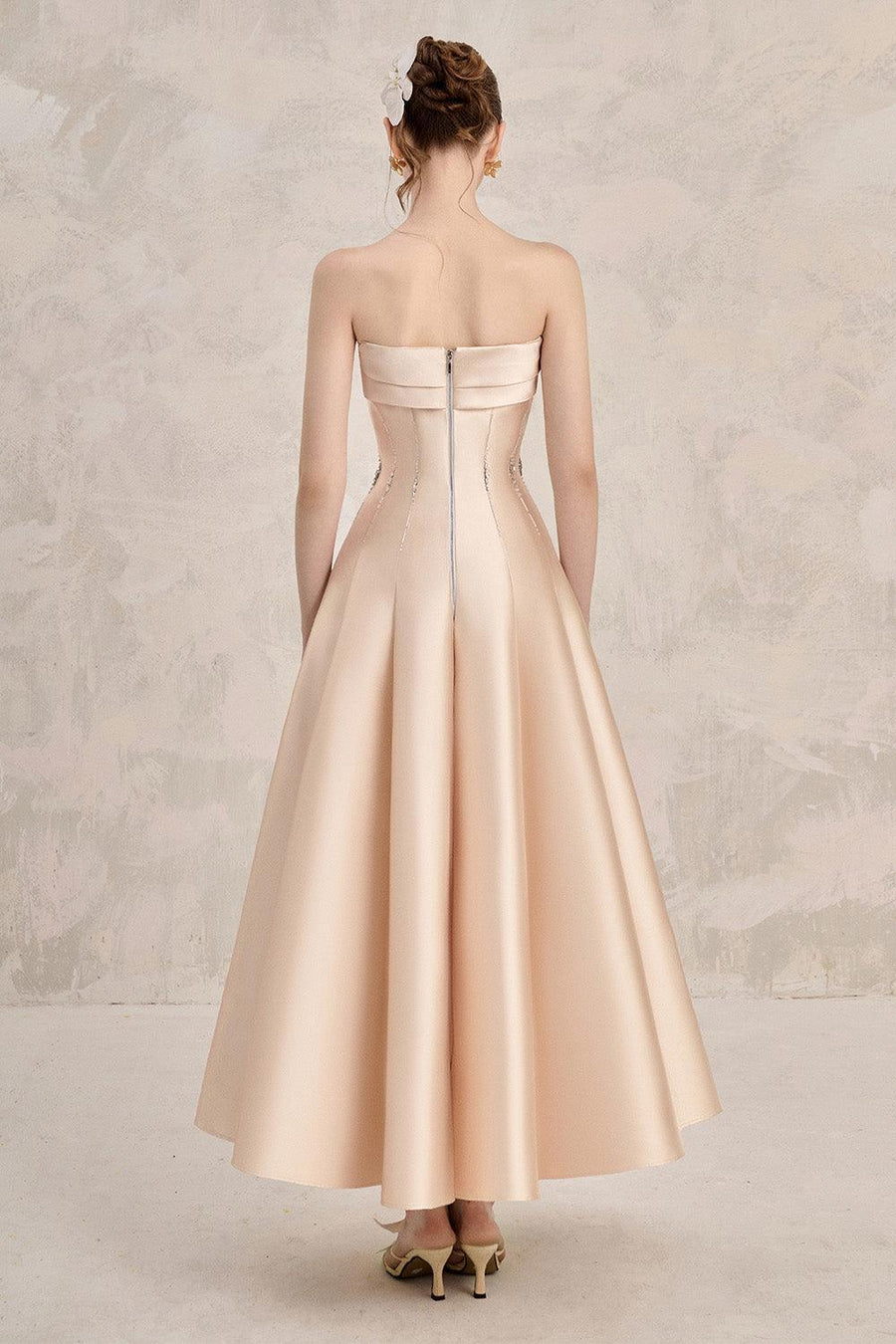 Helia Fit and Flare Straight Across Neck Taffeta Ankle Length Dress Gown Dress LINH PHUNG