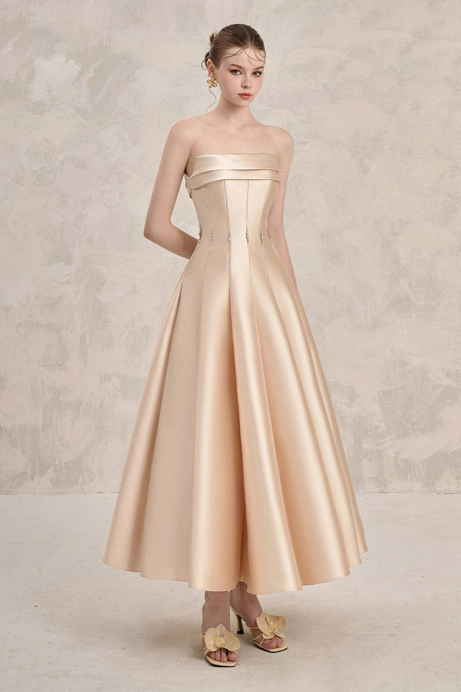 Helia Fit and Flare Straight Across Neck Taffeta Ankle Length Dress Light Yellow Gown Dress LINH PHUNG