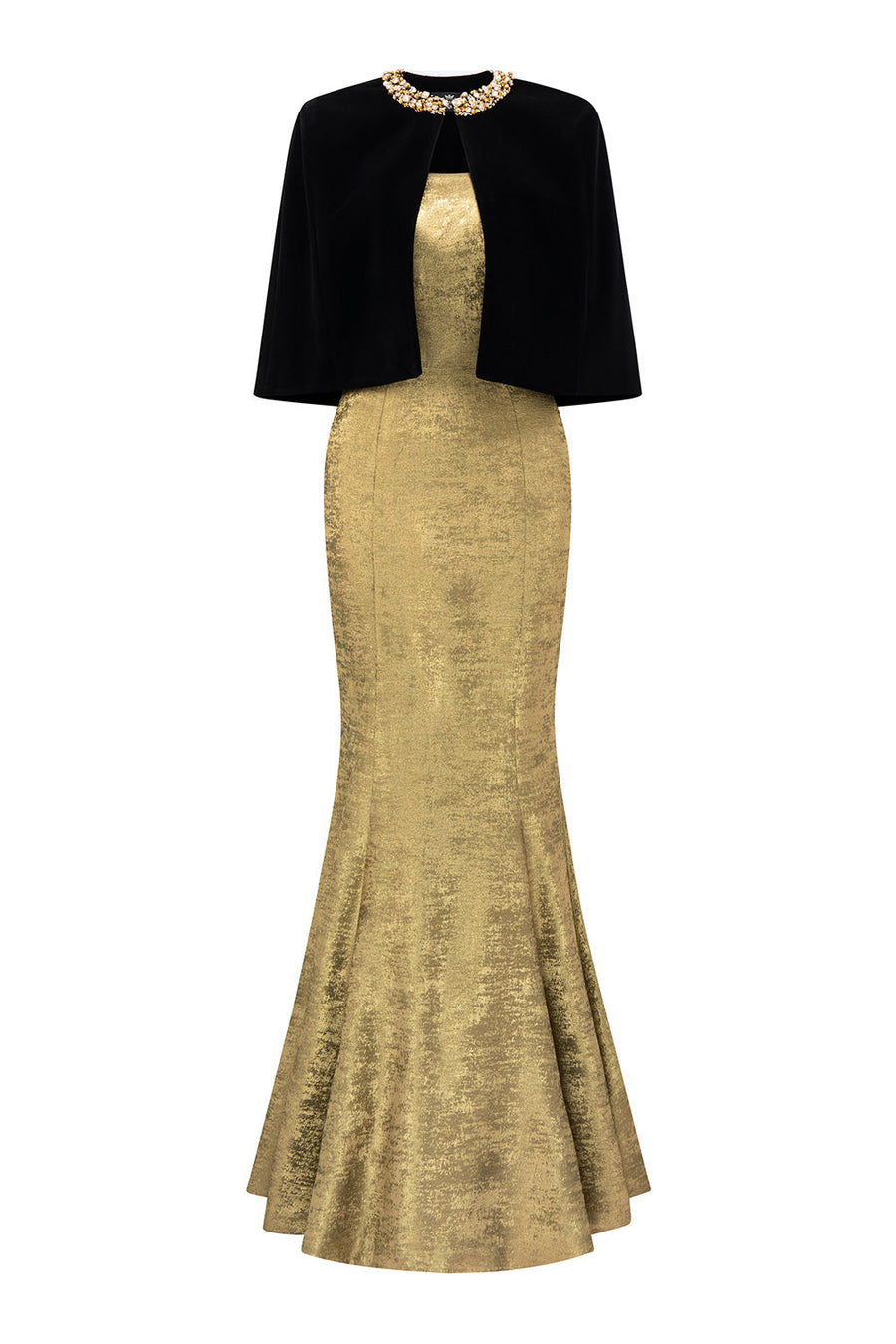 Vera Mermaid Cape Shoulder Silk Floor Length Dress Black Gold Gown Dress I.H.F Atelier