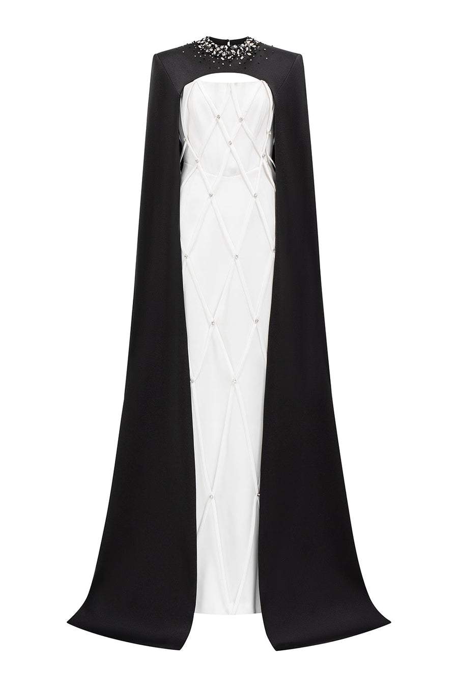 Arya Sheath Cape Shoulder Silk Crepe Floor Length Dress Black and White Gown Dress I.H.F Atelier