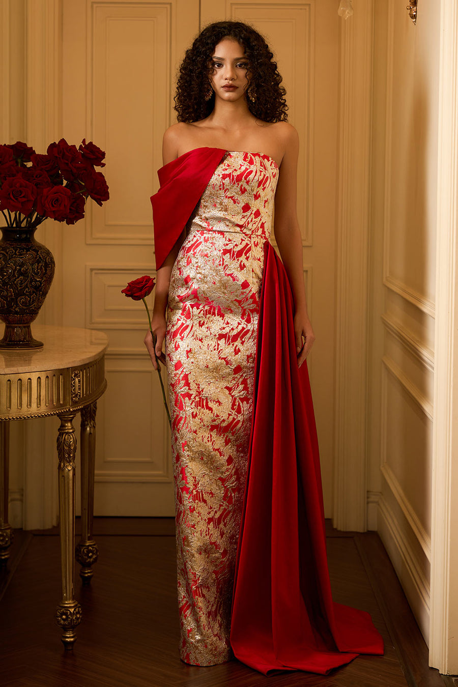 Ximena Strapless Asymmetric Jacquard Floor Length Dress 6