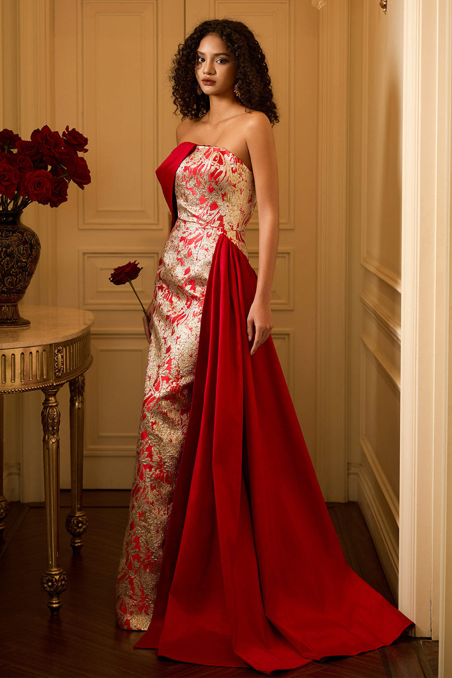 Ximena Strapless Asymmetric Jacquard Floor Length Dress 5