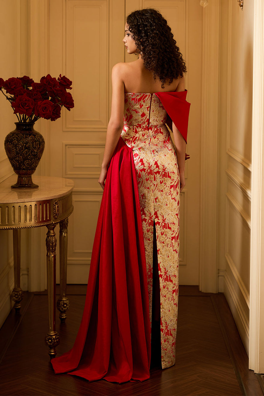 Ximena Strapless Asymmetric Jacquard Floor Length Dress 4