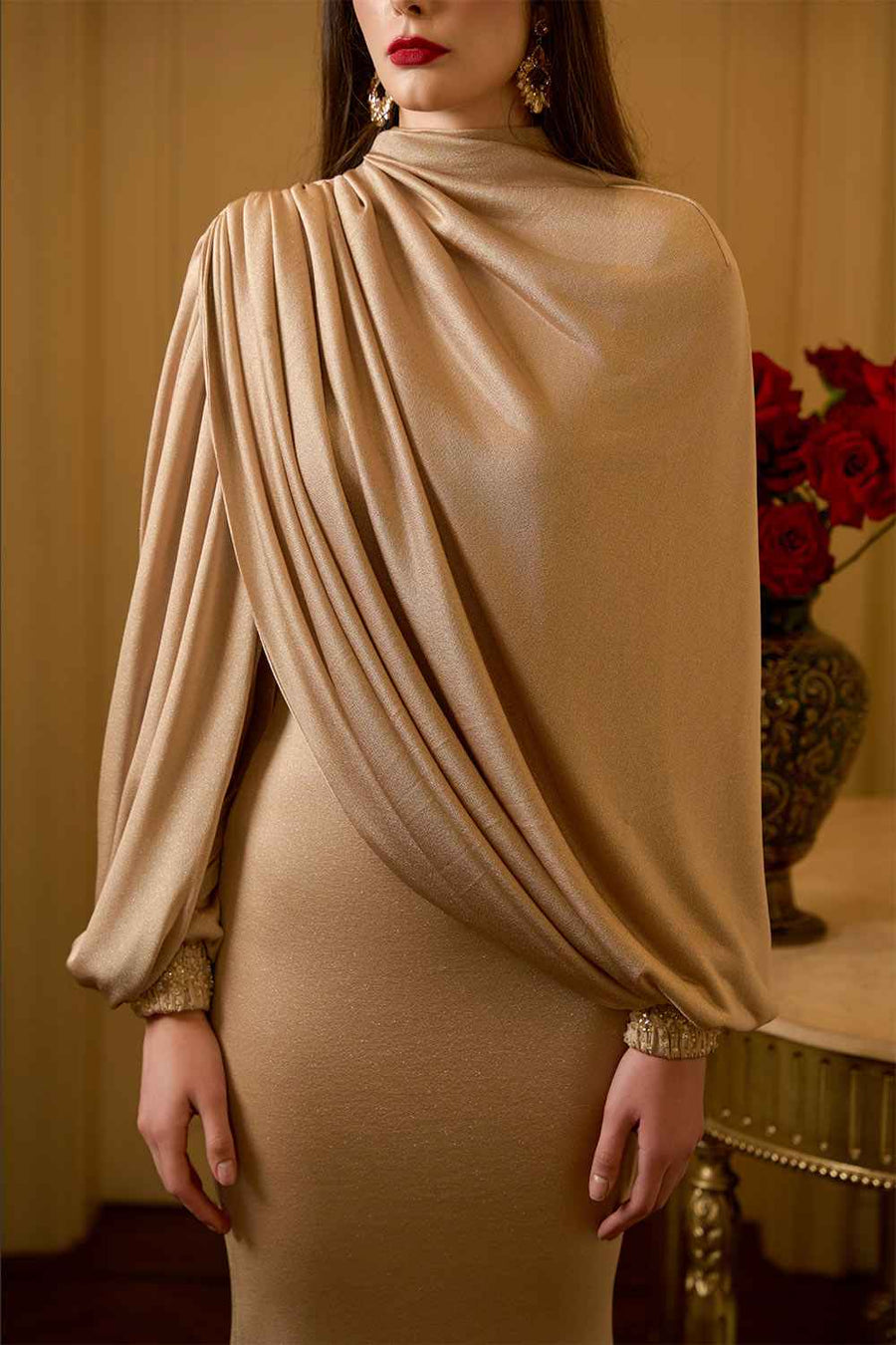 Leona Mermaid Asymmetric Sleeved Jersey Floor Length Dress