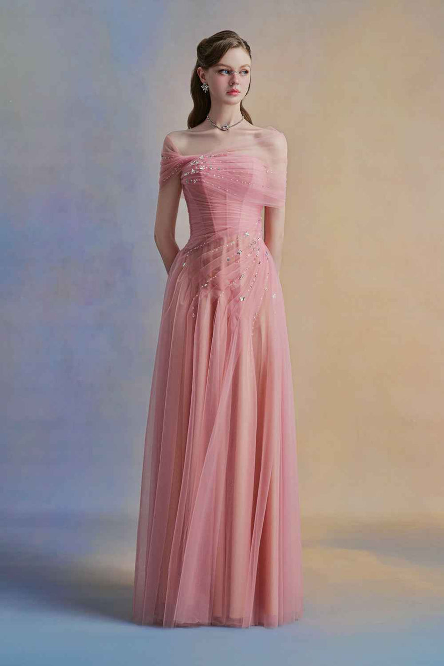 Floréa A-line Asymmetric Sleeved Tulle Floor Length Dress