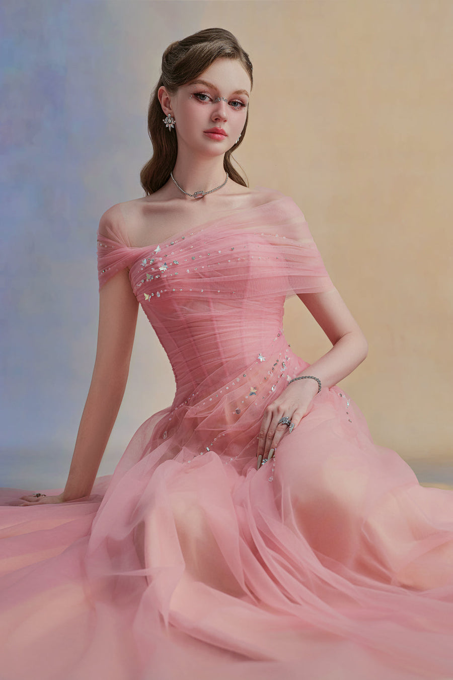 Floréa A-line Asymmetric Sleeved Tulle Floor Length Dress 6