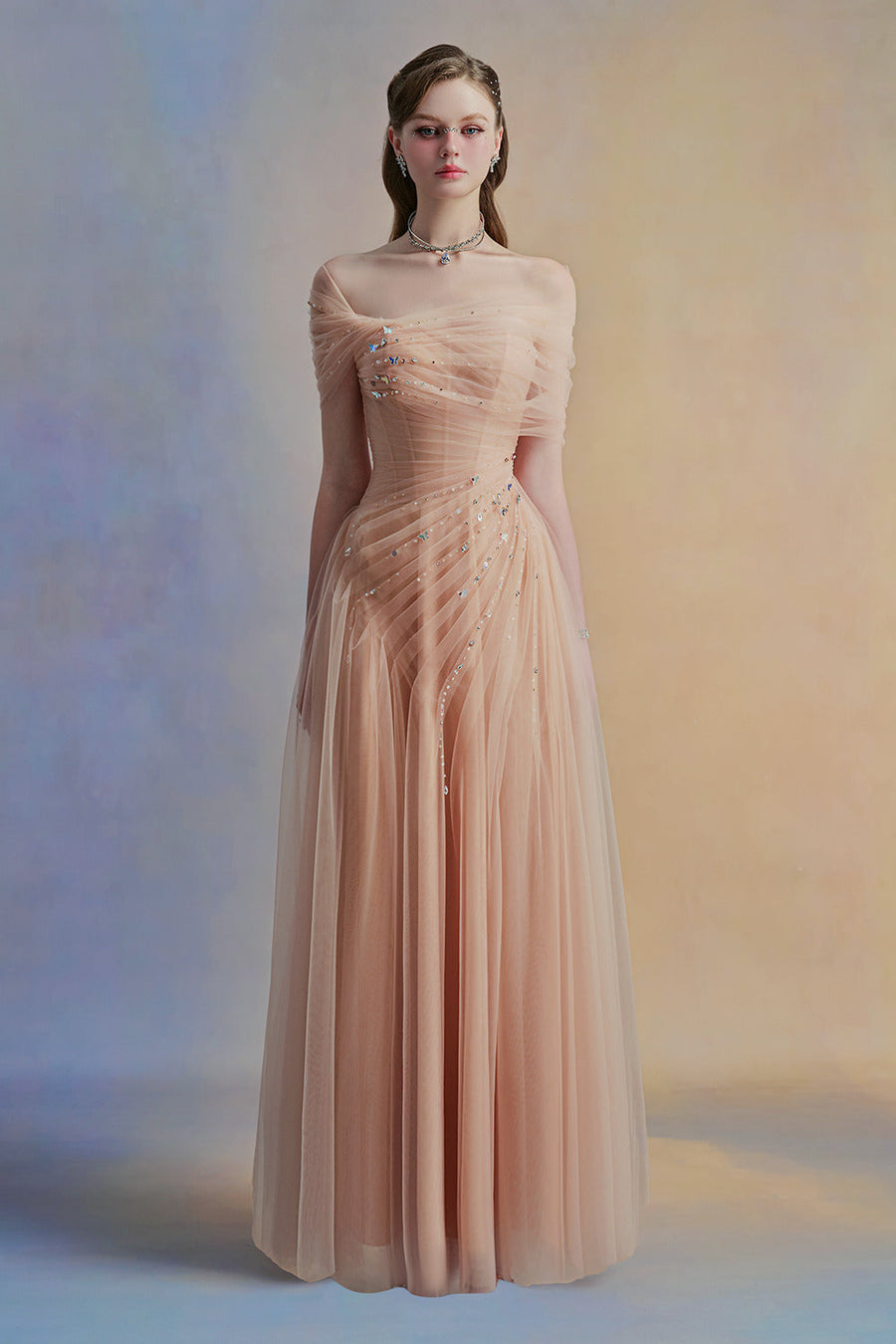 Floréa A-line Asymmetric Sleeved Tulle Floor Length Dress 10