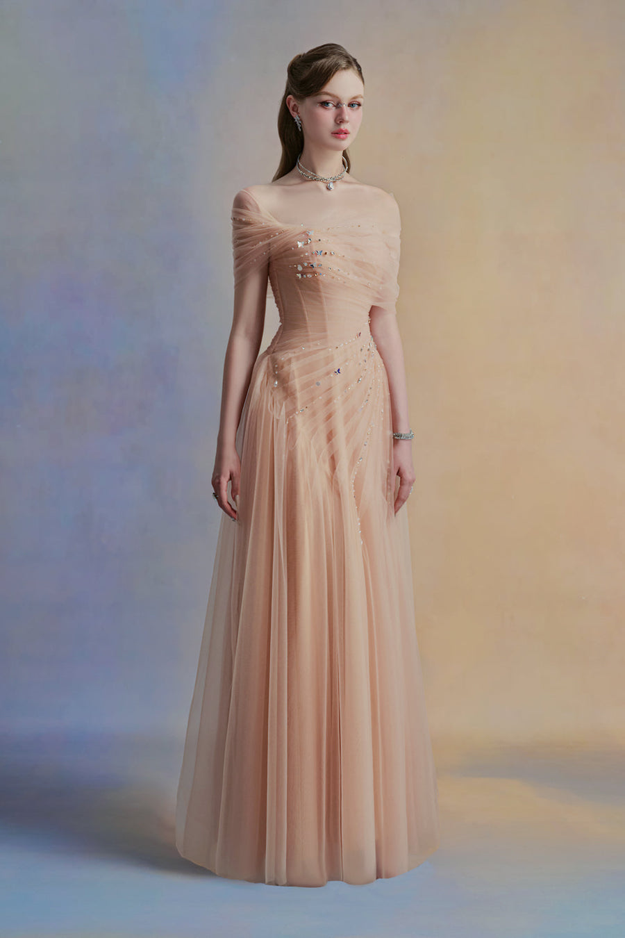 Floréa A-line Asymmetric Sleeved Tulle Floor Length Dress 9