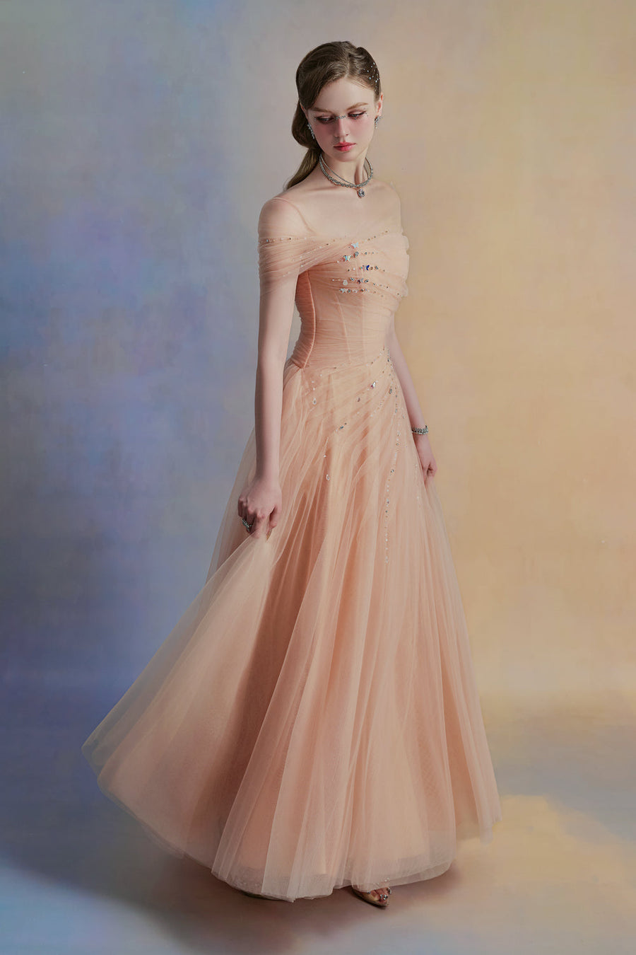 Floréa A-line Asymmetric Sleeved Tulle Floor Length Dress 8