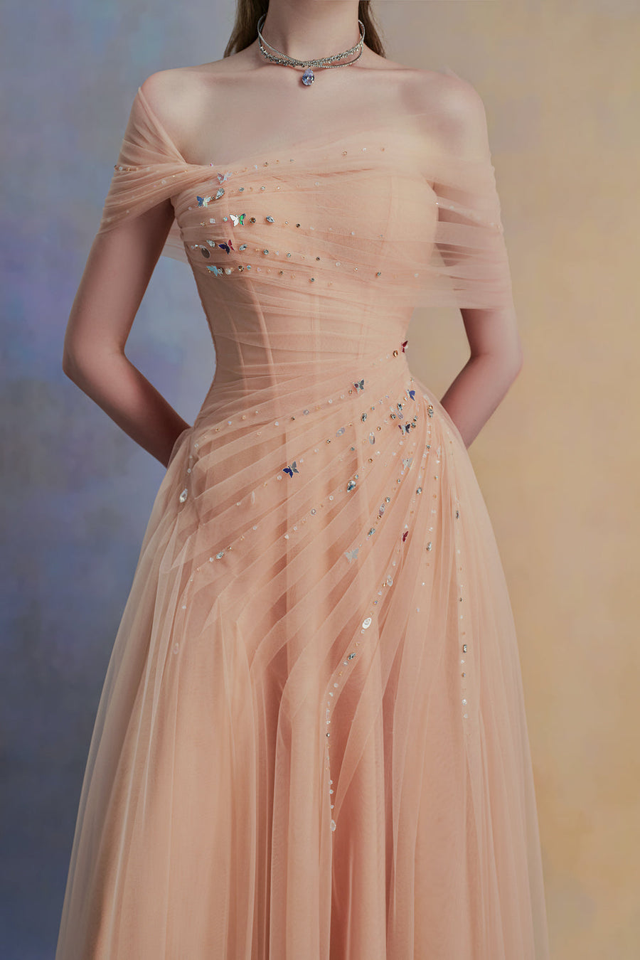 Floréa A-line Asymmetric Sleeved Tulle Floor Length Dress 12