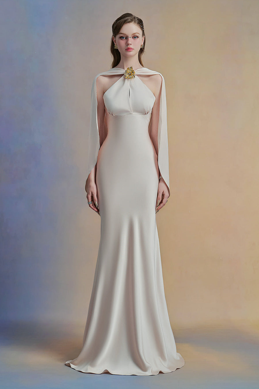 Oravie Mermaid Cape Shoulder Satin Floor Length Dress 6