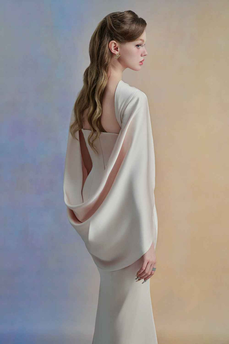 Oravie Mermaid Cape Shoulder Satin Floor Length Dress