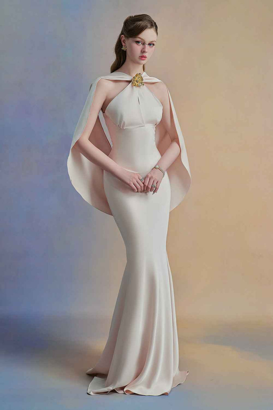 Oravie Mermaid Cape Shoulder Satin Floor Length Dress