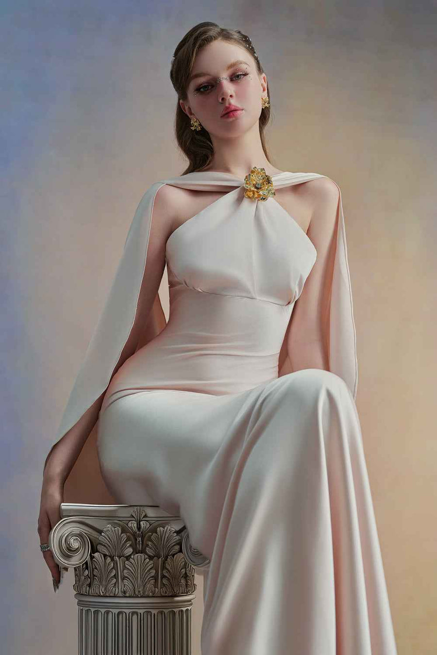 Oravie Mermaid Cape Shoulder Satin Floor Length Dress
