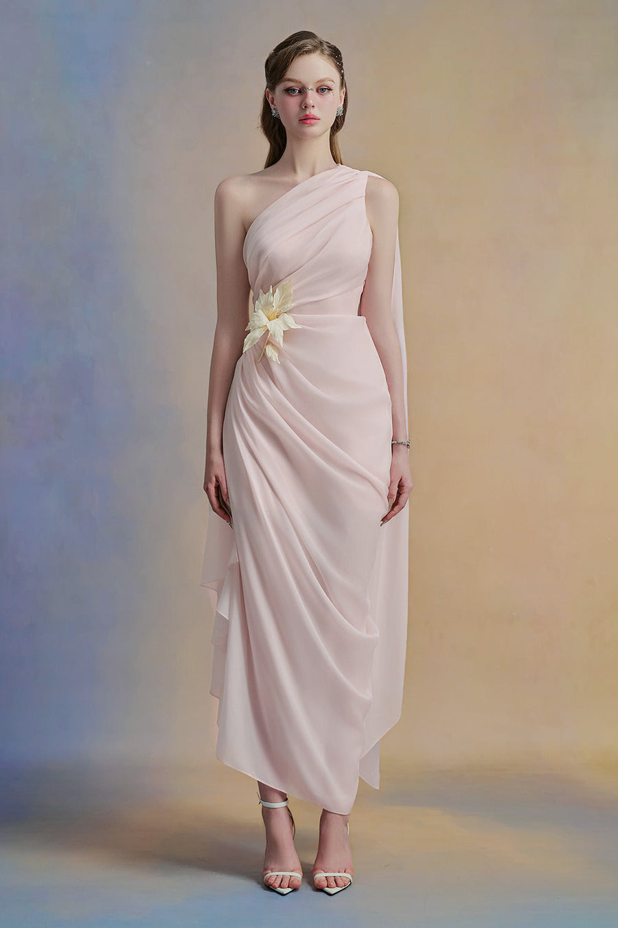 Selithe Sheath One Shoulder Silk Organza Midi Dress 8