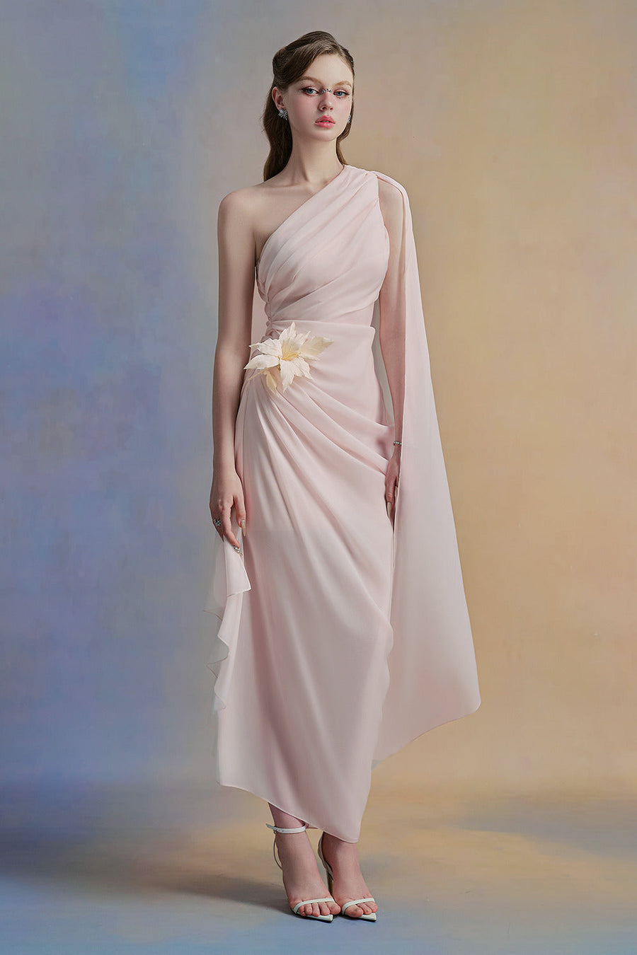 Selithe Sheath One Shoulder Silk Organza Midi Dress 11
