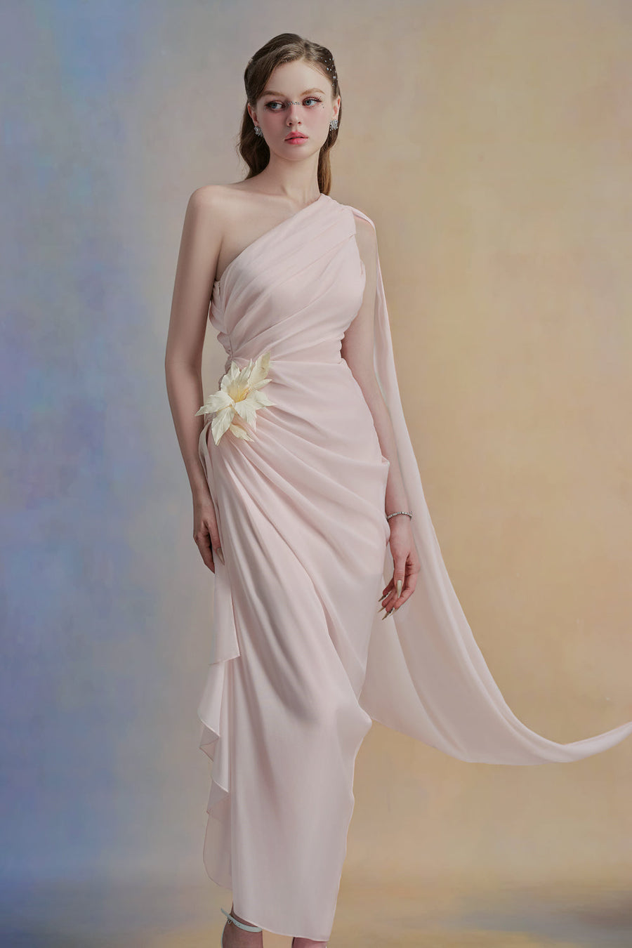 Selithe Sheath One Shoulder Silk Organza Midi Dress 10