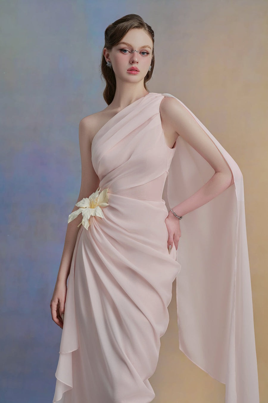 Selithe Sheath One Shoulder Silk Organza Midi Dress 9