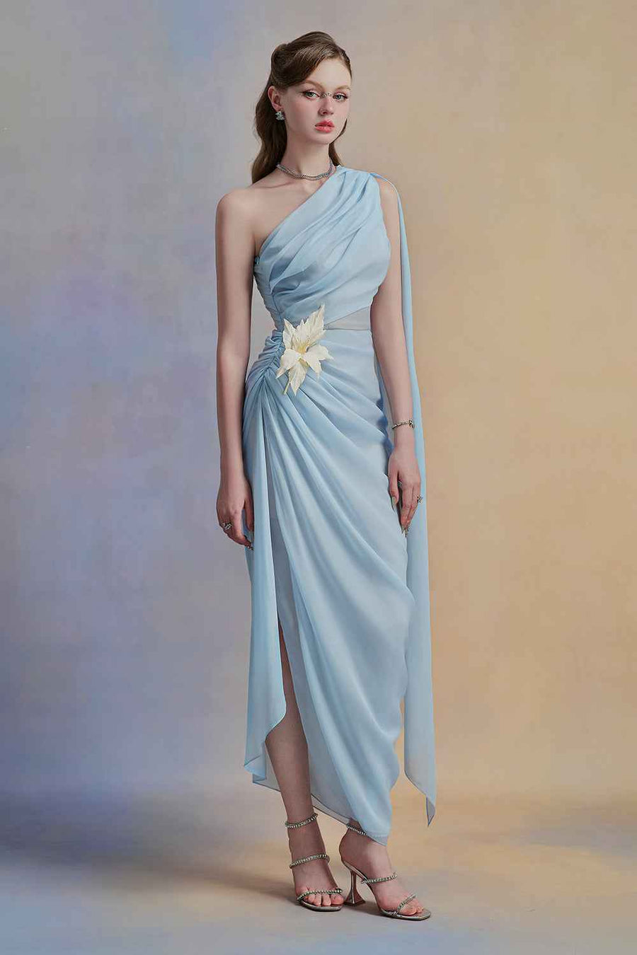 Selithe Sheath One Shoulder Silk Organza Midi Dress