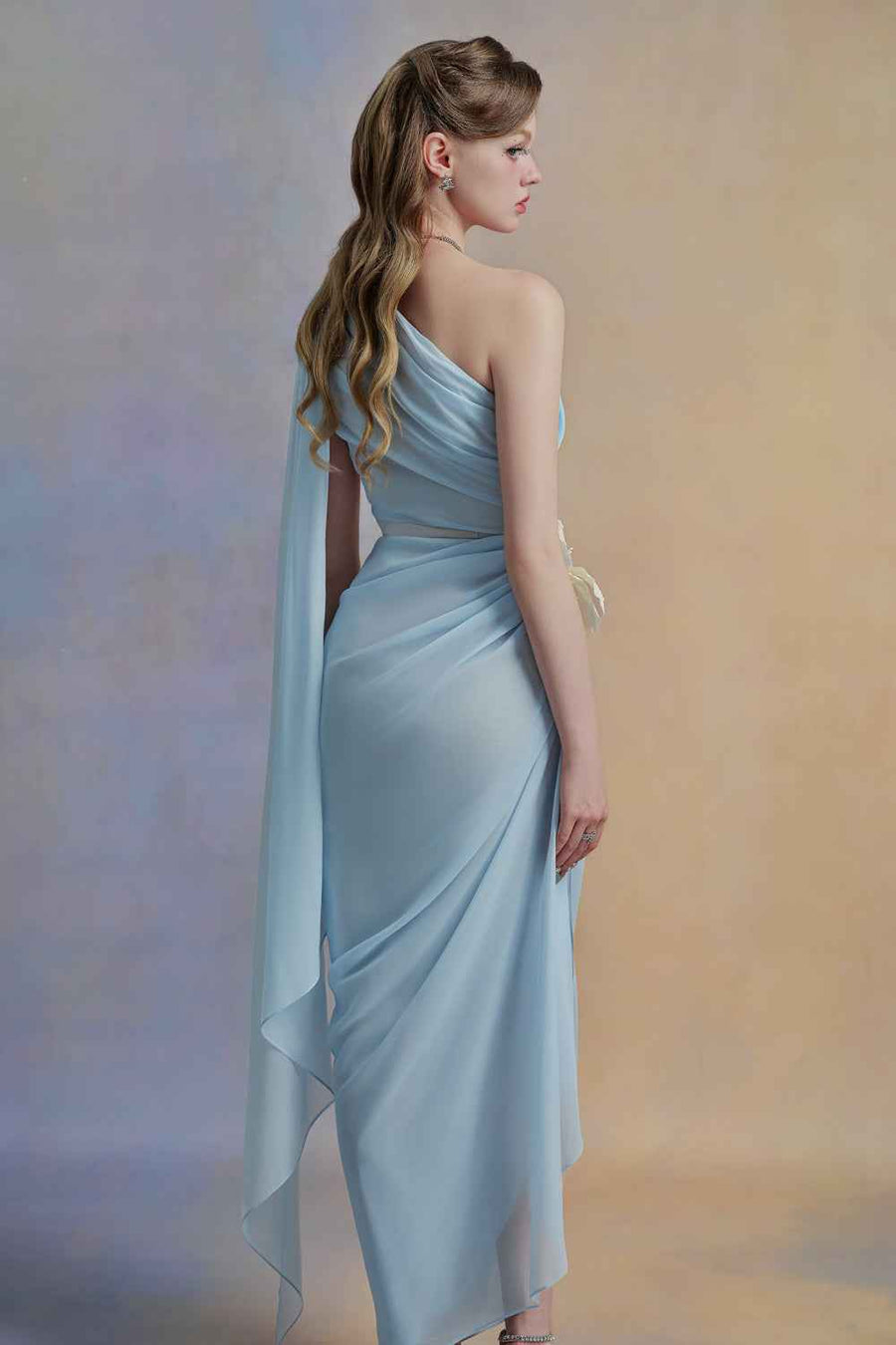 Selithe Sheath One Shoulder Silk Organza Midi Dress