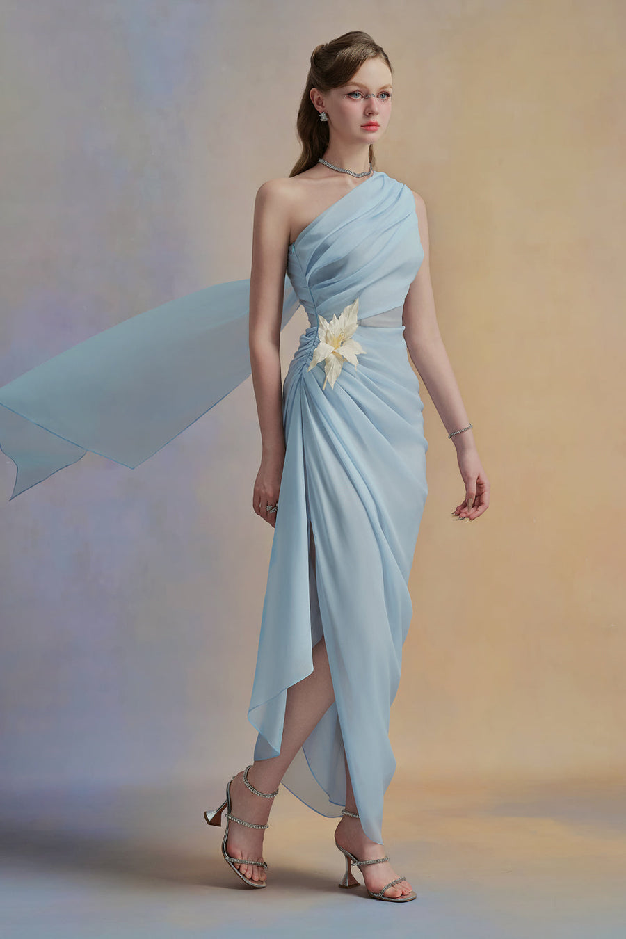 Selithe Sheath One Shoulder Silk Organza Midi Dress 6