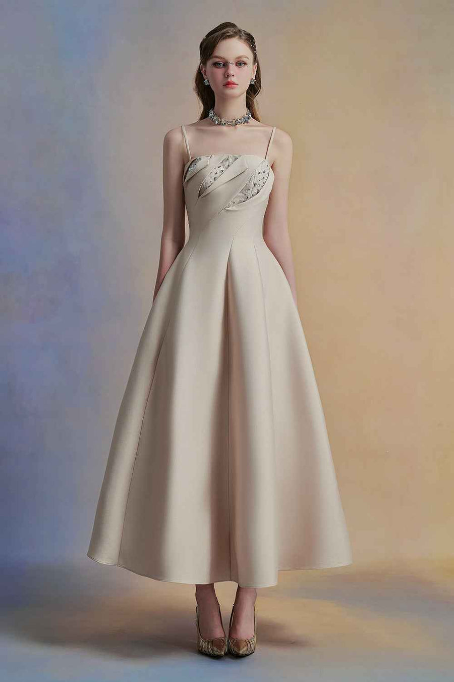 Luceris A-line Spaghetti Strap Taffeta Midi Dress