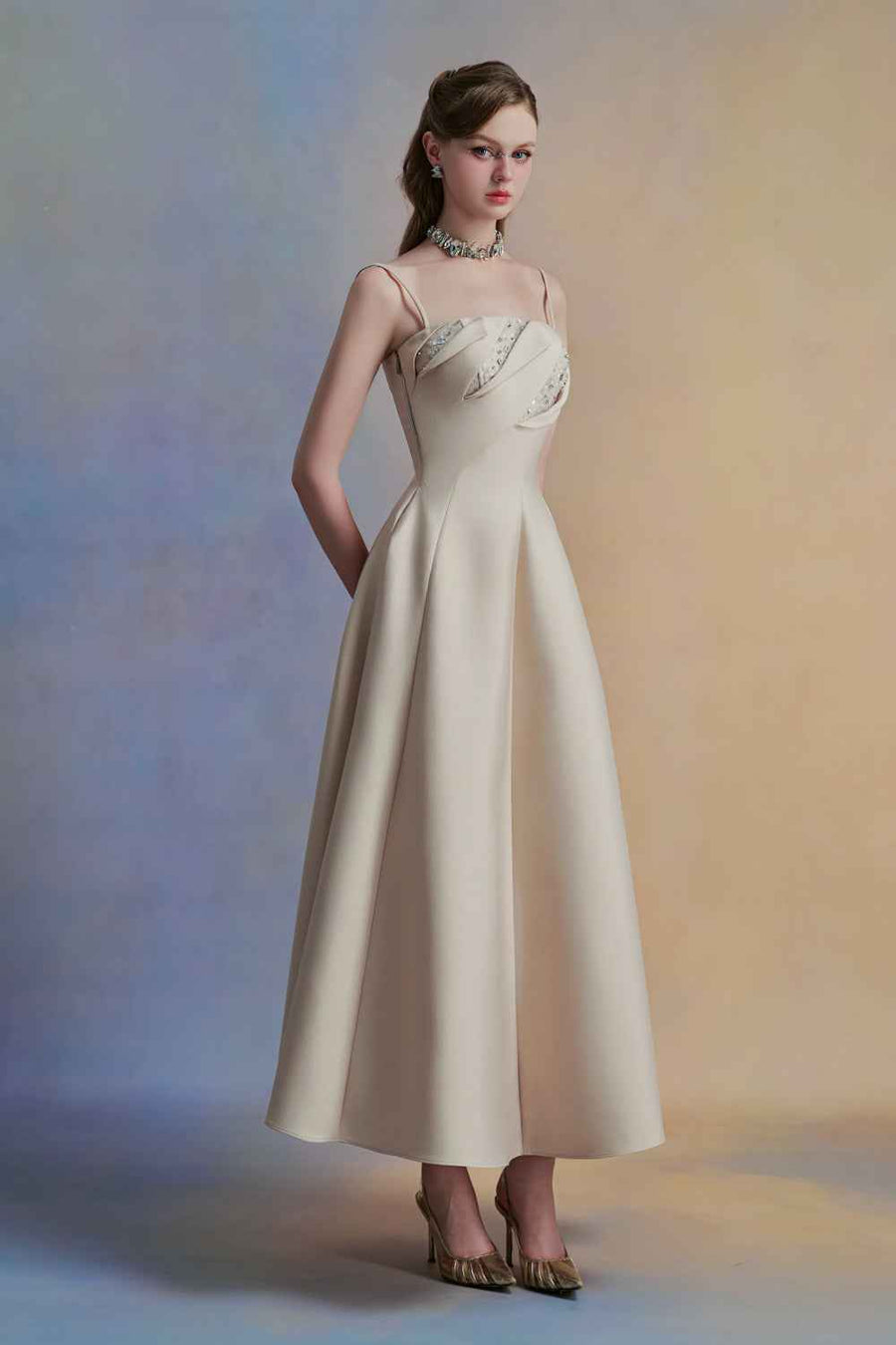 Luceris A-line Spaghetti Strap Taffeta Midi Dress