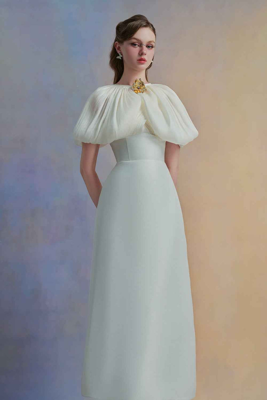 Zephéa A-line Puffy Sleeved Taffeta Midi Dress