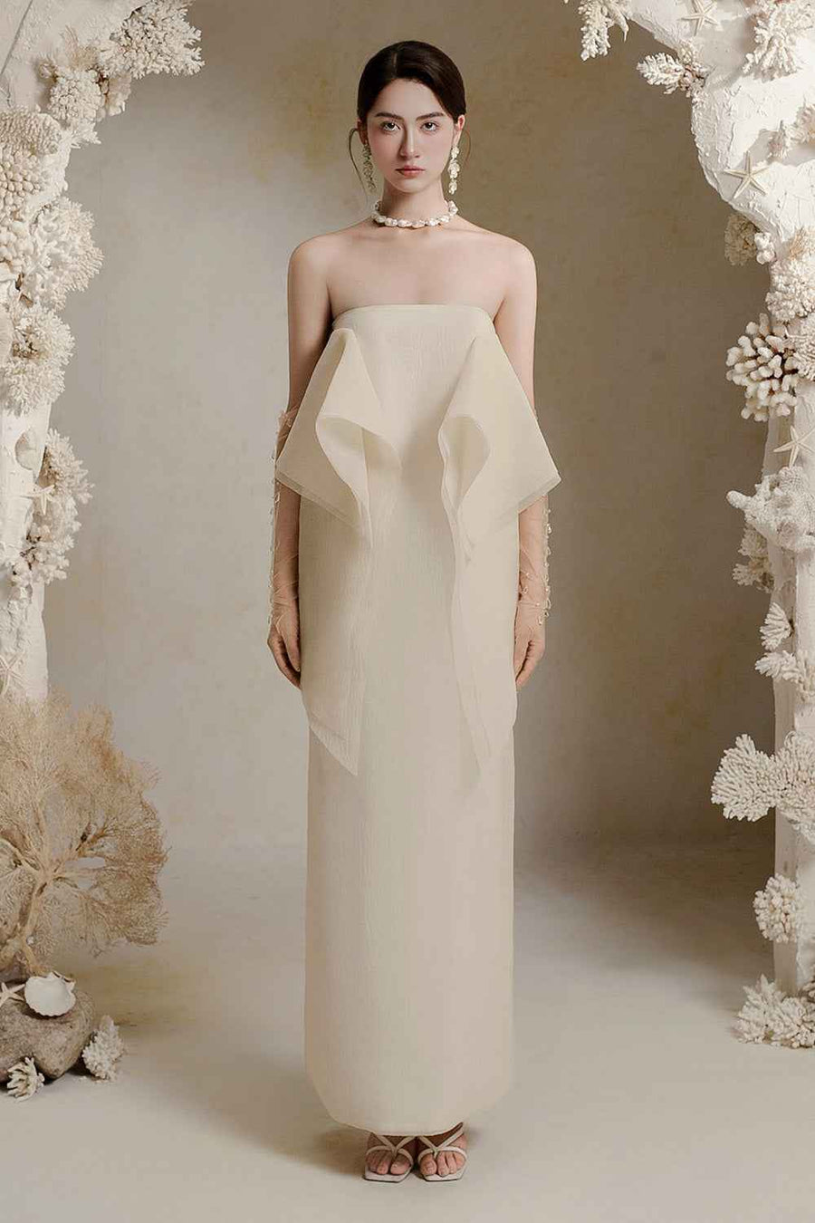 Jannie Straight Ruffle Layer Crinkle Organza Ankle Length Dress