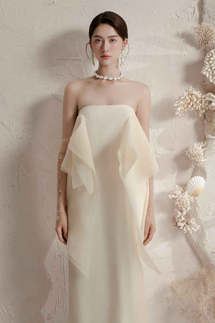 Jannie Straight Ruffle Layer Crinkle Organza Ankle Length Dress