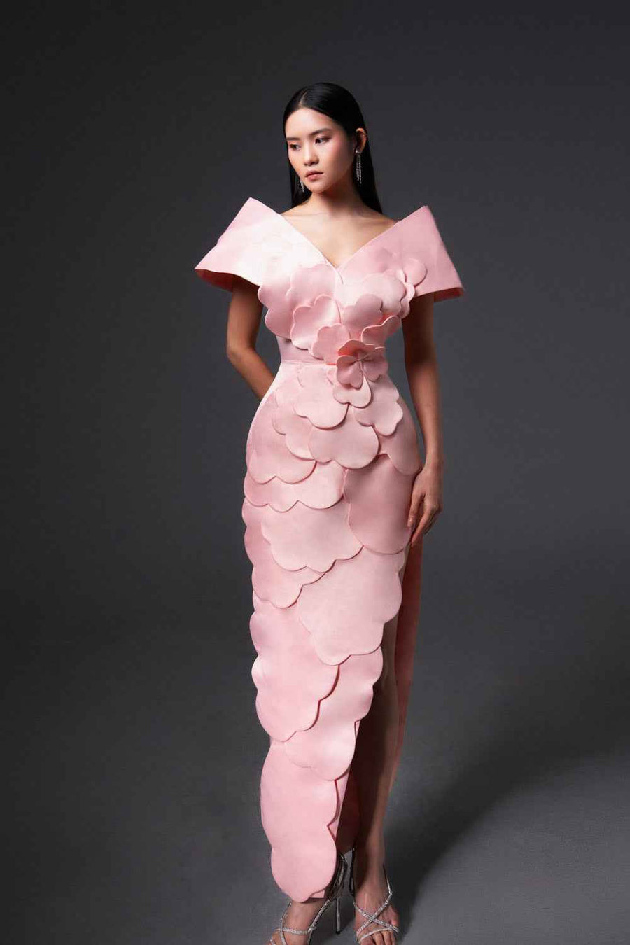 Glenn Slit Flower Applique Polyester Maxi Dress