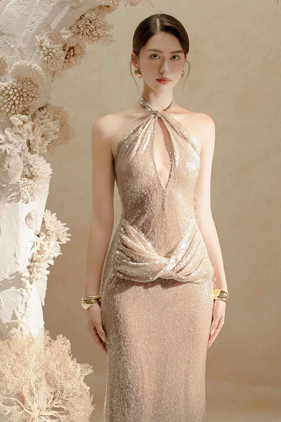 Jessie Bodycon Halter Neck Sequin Ankle Length Dress