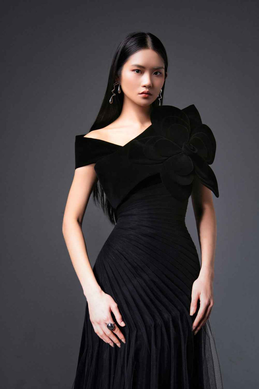 Lester A-line Side Pleated Polyester Floor Length Dress