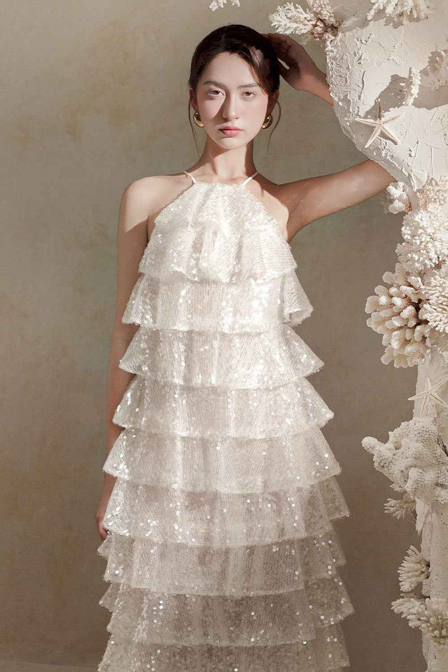 Stella A-line Layered Sequin Ankle Length Dress